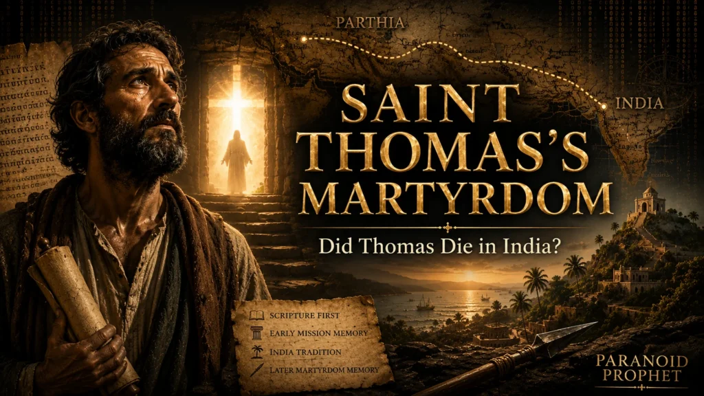 Saint Thomas the Apostle with a Parthia-to-India map, resurrection light, and spear symbol for later martyrdom tradition.