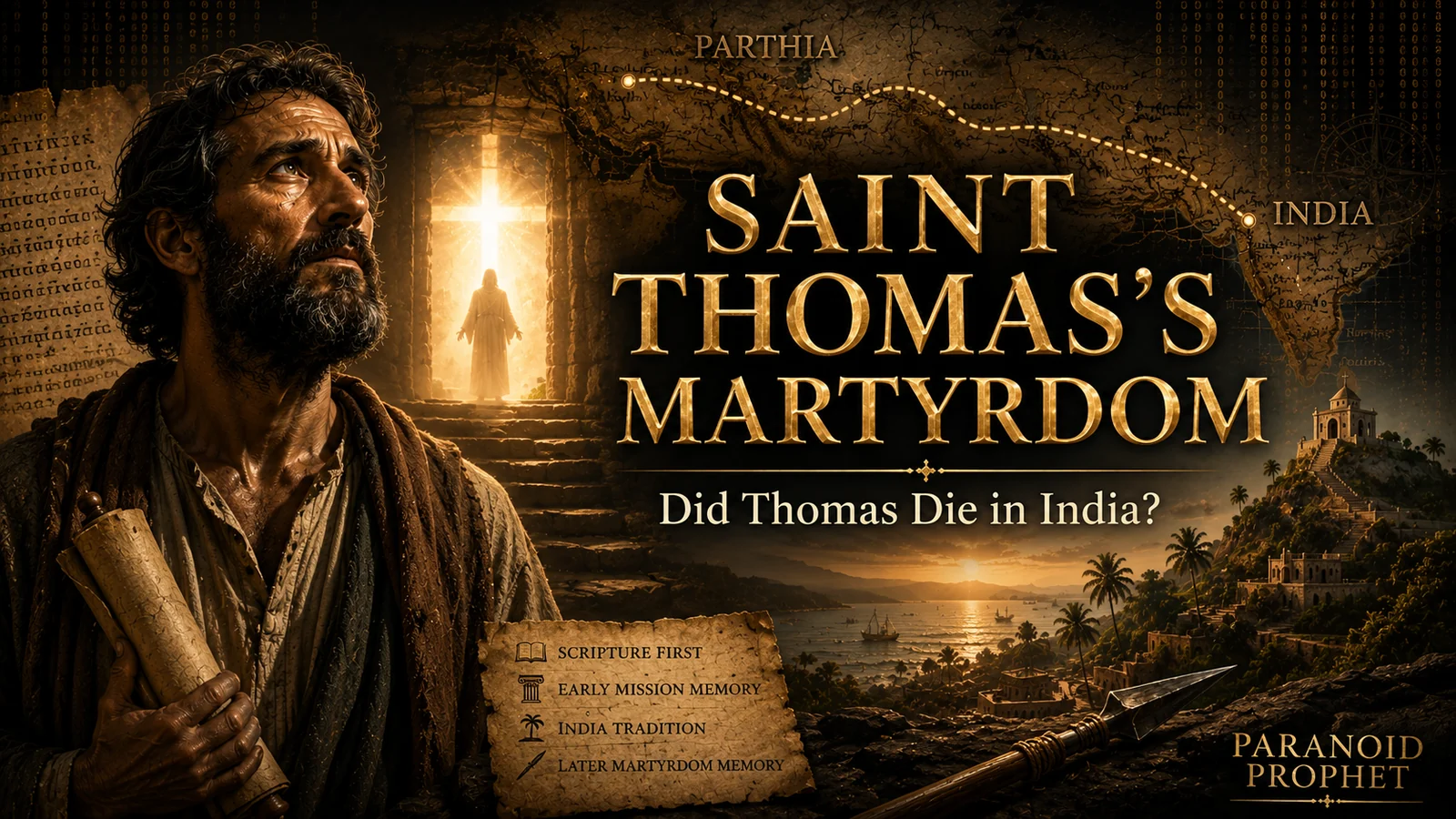 Saint Thomas the Apostle with a Parthia-to-India map, resurrection light, and spear symbol for later martyrdom tradition.
