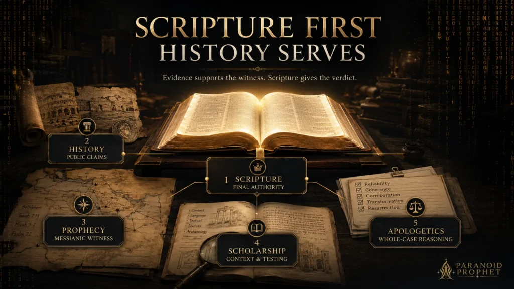 Editorial banner showing an open Bible above supporting evidence categories such as history, prophecy, scholarship, and apologetics for an article on whether Jesus is liar, lunatic, legend, or Lord.