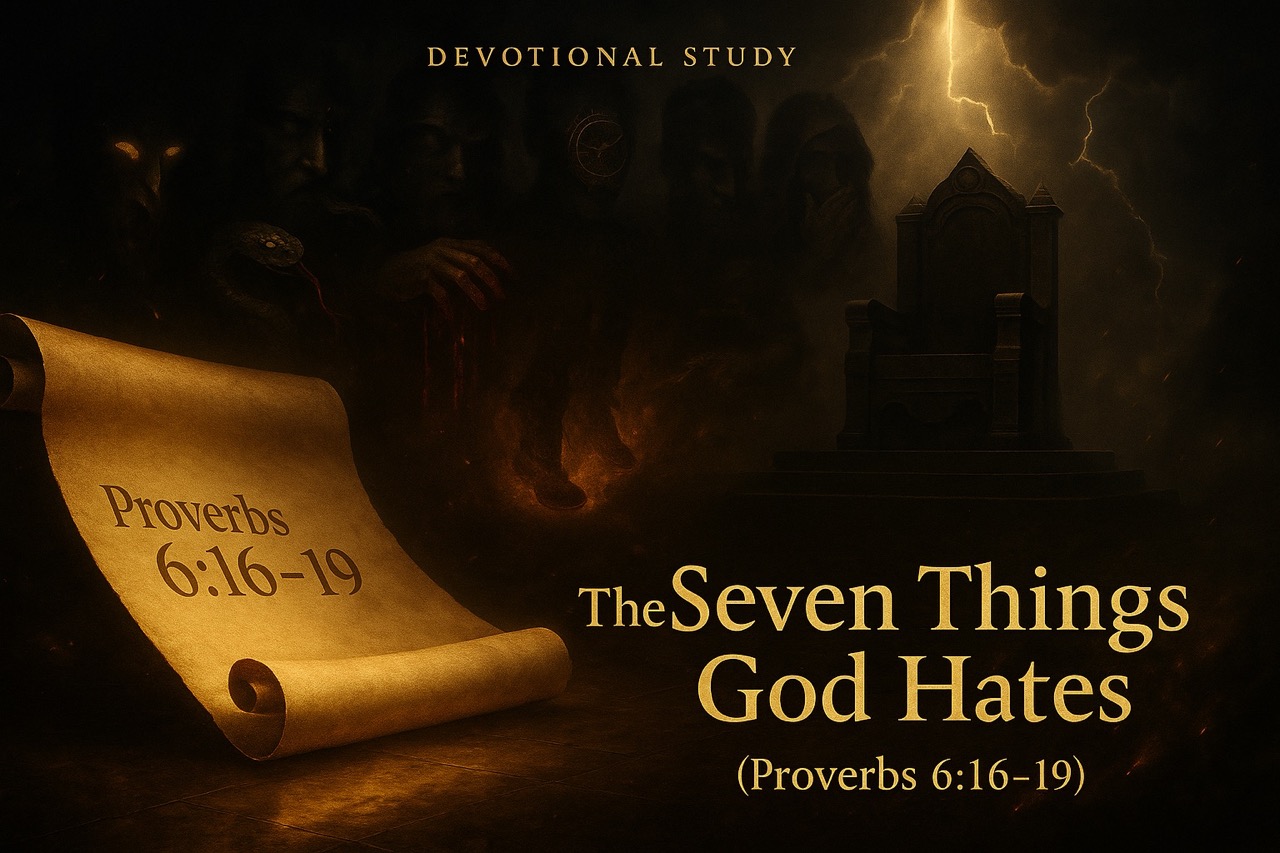 A cinematic illustration showing a glowing scroll, symbolic figures of sin, and a divine throne representing the seven abominations God hates from Proverbs 6:16–19.