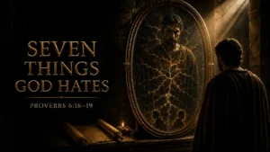 A man examines his fractured reflection in a bronze mirror, illustrating the seven things God hates in Proverbs 6:16–19.