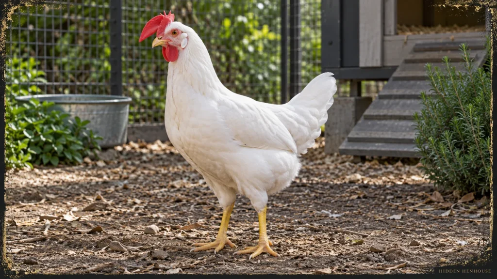 Single Comb White Leghorn hen with white plumage, a large red comb, white earlobes and yellow legs in a secure backyard run