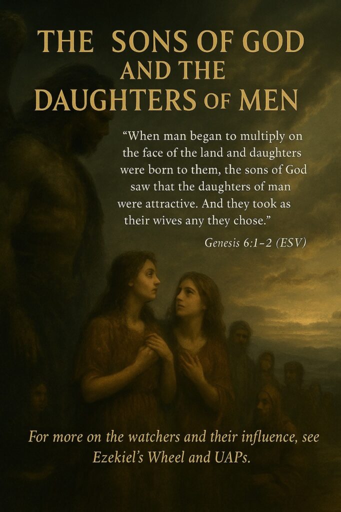 A realistic cinematic painting of angelic beings descending toward human women, set in an ancient pre-Flood world under stormy skies. Based on Genesis 6:1–2.