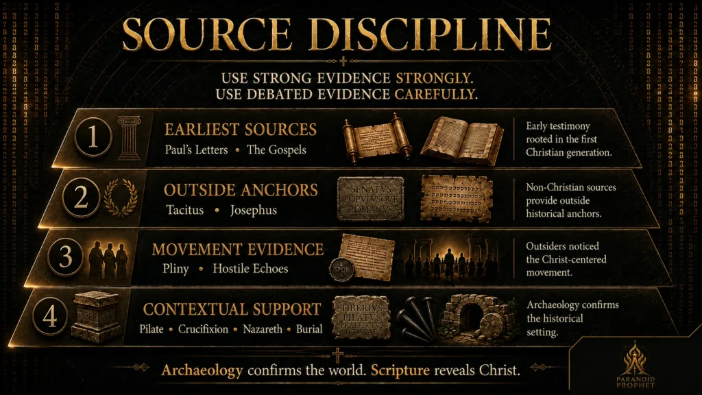Infographic showing source discipline for historical evidence about Jesus, ranking Paul's letters, the Gospels, Tacitus, Josephus, Pliny, hostile echoes, and archaeology by proper evidential use.