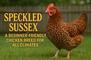 Speckled Sussex chicken standing on green backyard grass with bold yellow text that reads “Speckled Sussex – A Beginner-Friendly Chicken Breed for All Climates”