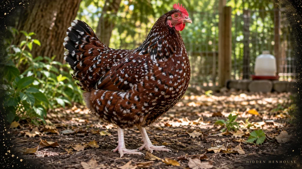 Speckled Sussex hen with mahogany, black and white plumage, a single red comb and pale legs in a shaded backyard run