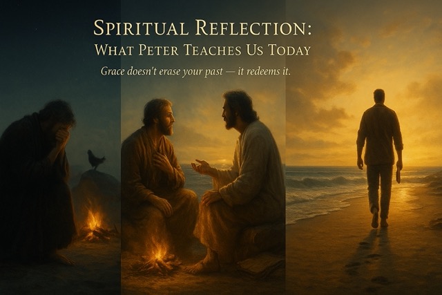 Three-part image showing Peter’s denial, restoration by Jesus, and bold walk into legacy — set on one beach path symbolizing grace