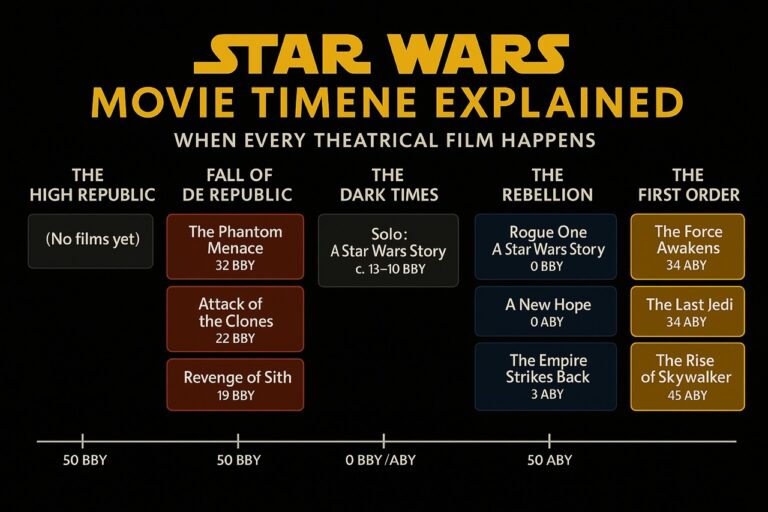 Timeline graphic showing every Star Wars movie in chronological order by era, from The Phantom Menace to The Rise of Skywalker, with BBY and ABY date labels.