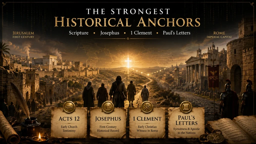 Cinematic image showing Jerusalem and Rome connected by early Christian witness, with evidence markers for Acts 12, Josephus, 1 Clement, and Paul’s letters.