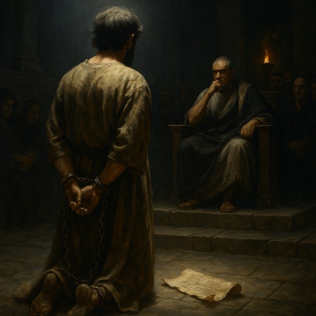 “Realistic painting of a disciple of Jesus standing in chains before a Roman magistrate, facing judgment for preaching the Gospel.”
