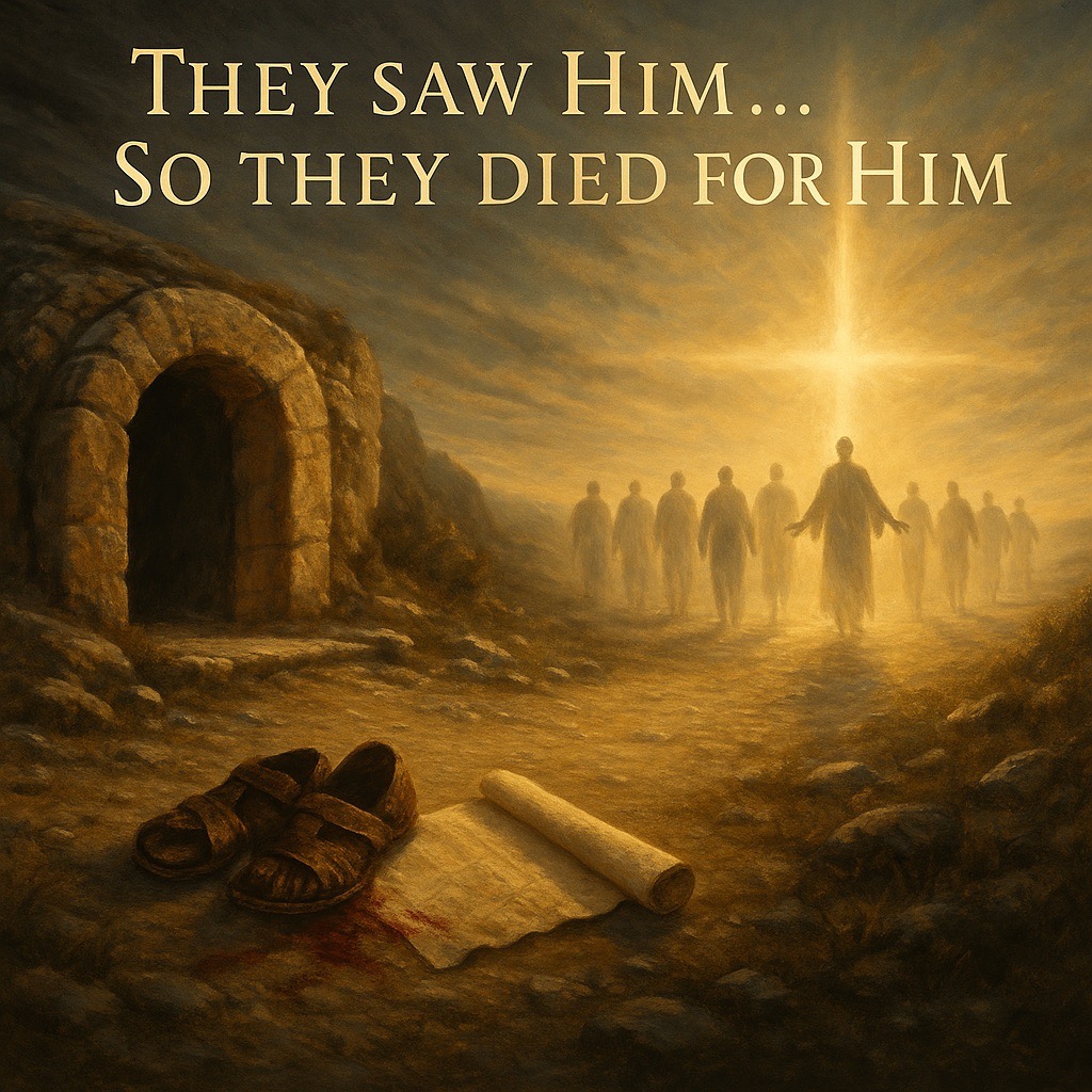 “Cinematic painting of the twelve apostles walking into a sunrise from an empty tomb, with a scroll and sandals in the foreground and Jesus waiting in radiant light.”
