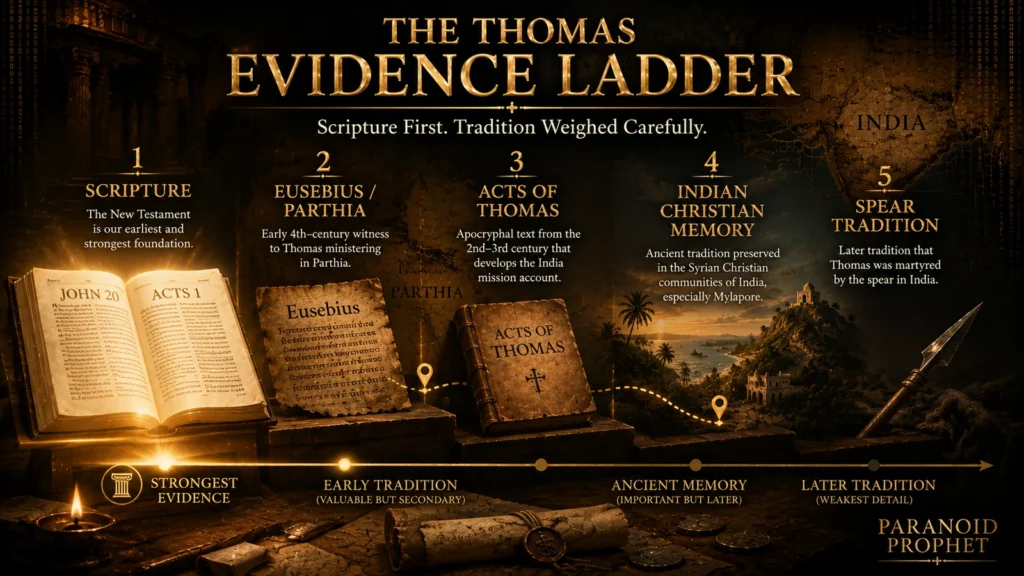 Evidence ladder for Saint Thomas showing Scripture, Eusebius and Parthia, Acts of Thomas, Indian Christian memory, and the later spear tradition.