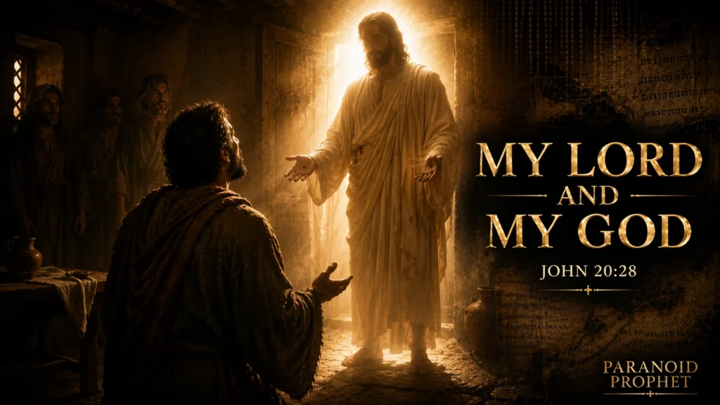 Thomas the Apostle before the risen Christ, confessing “My Lord and my God” from John 20:28.