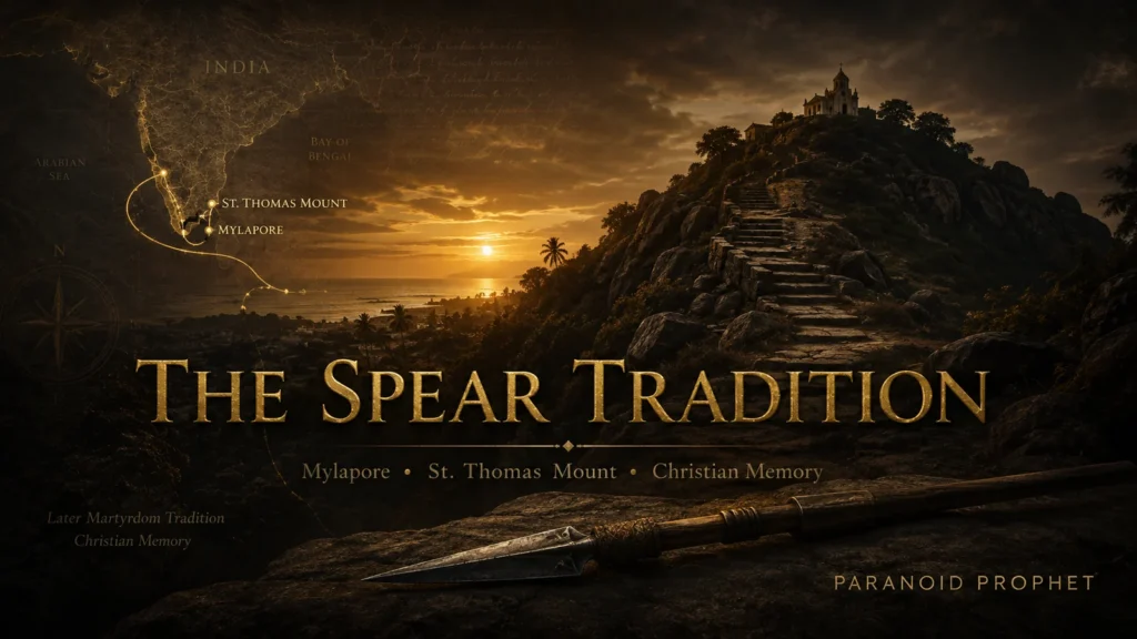 Spear tradition of Saint Thomas with Mylapore, St. Thomas Mount, and India map showing later Christian memory.
