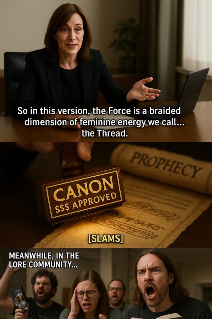 Meme of corporate figure redefining the Force as the Thread while angry fans react to canon approval.
