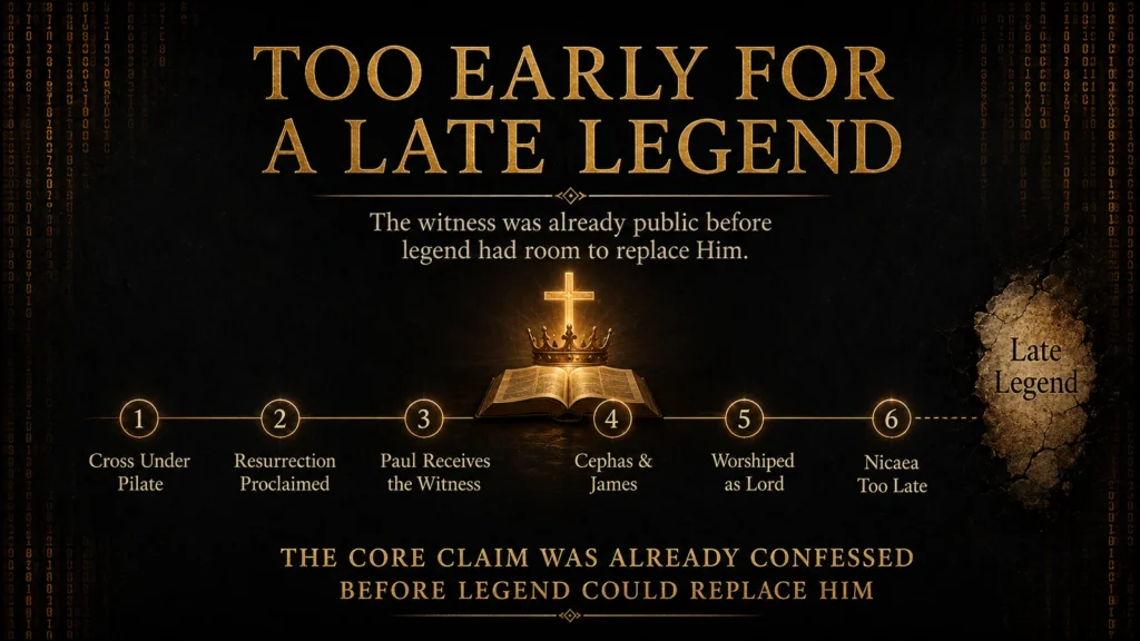 Timeline banner showing the early witness to Jesus from the cross under Pilate to resurrection proclamation, Paul receiving the witness, Cephas and James, worship of Jesus as Lord, and Nicaea being too late to invent Him.