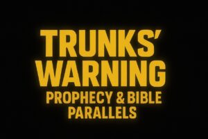 Bold gold text on black background reading “Trunks’ Warning – Prophecy & Bible Parallels” in DBZ-style font with subtle glow.
