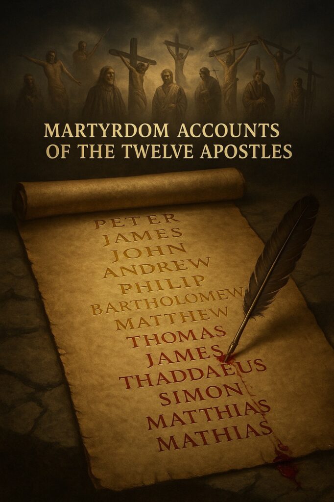 “Ancient scroll listing the names of the twelve apostles with blood and gold markings, symbolizing their martyrdom and legacy.”