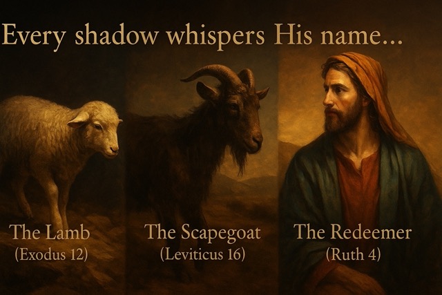 A digital painting depicts three typological Old Testament foreshadows of Jesus the Redeemer: Boaz redeeming Ruth, the scapegoat of Yom Kippur, and the Passover lamb. Each scene glows with divine symbolism, highlighting Christ's redemptive fulfillment of ancient patterns.