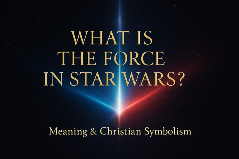 Cosmic light beam splitting into blue and red against a starry background, representing the Force in Star Wars with text overlay about Christian symbolism
