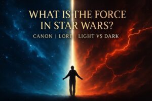 Cosmic split between blue and red space clouds with a lone figure standing in the center, symbolizing the Light and Dark sides of the Force in Star Wars