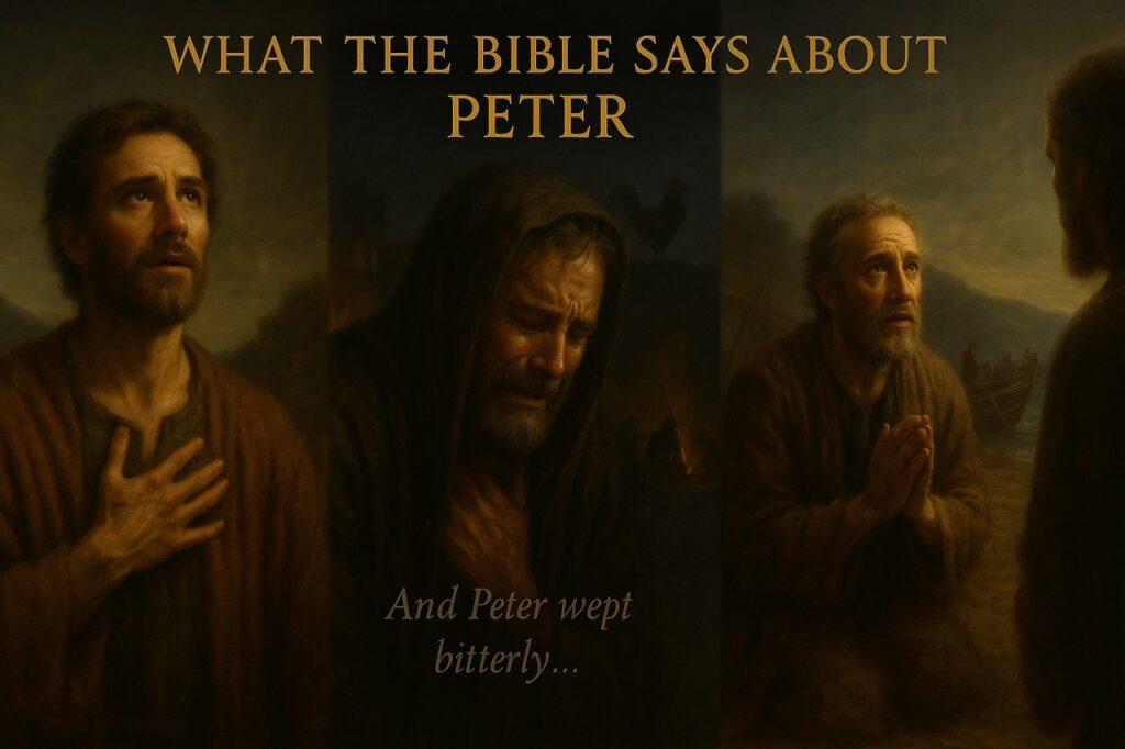 Photo-realistic triptych of Peter in three biblical moments — confession of Christ, denial, and restoration by Jesus
