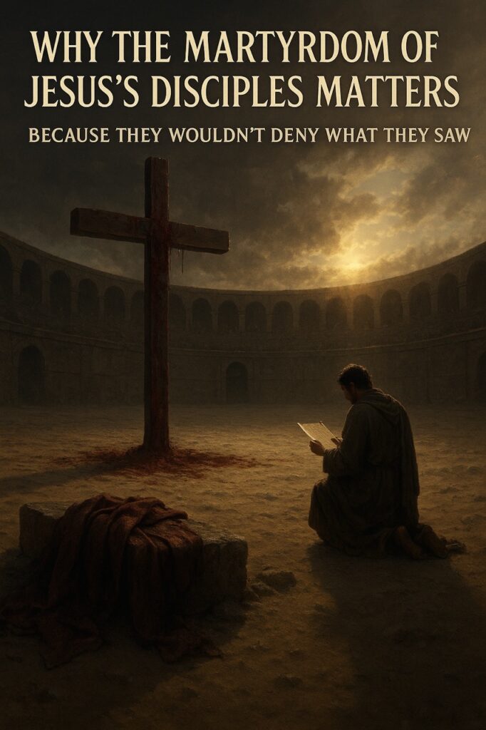 “Realistic painting of a lone disciple’s cloak and scroll beside a cross in an empty Roman arena at dawn, symbolizing the enduring impact of Jesus’s disciples’ martyrdom.”