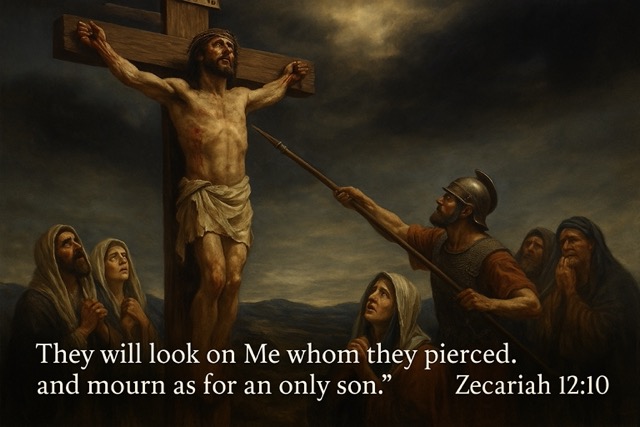 Realistic painting of Jesus pierced on the cross, fulfilling Zechariah 12:10, with mourners looking upon Him in sorrow.