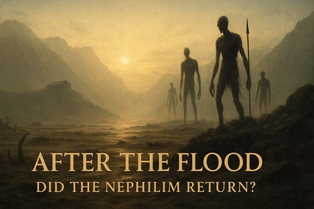 Digital painting of giant Nephilim-like figures standing on post-Flood terrain. One holds a glowing, celestial staff, hinting at advanced or supernatural origins.