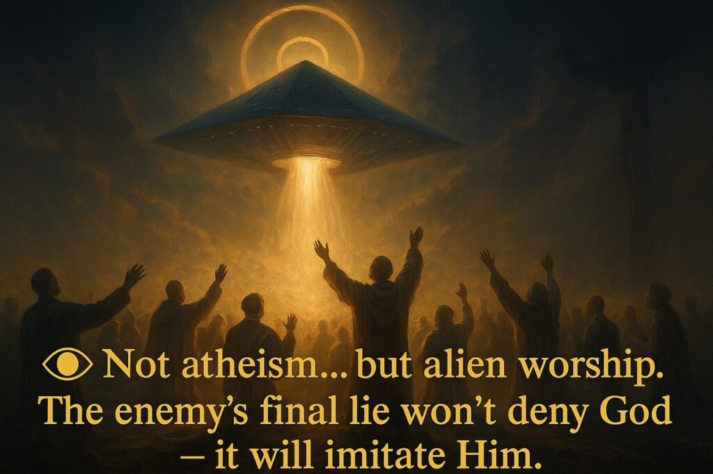 “Cinematic image of people worshiping a descending alien craft mistaken for divine salvation, while the true Christ is hidden in shadow — symbolizing the deception of the Alien Gospel in place of biblical truth.”