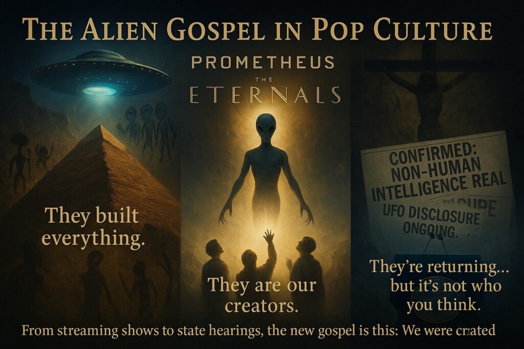 “Digital collage featuring sci-fi and pop culture references such as ancient aliens, Prometheus, and government UAP hearings — showing the rise of the Alien Gospel narrative that replaces God with extraterrestrials.”