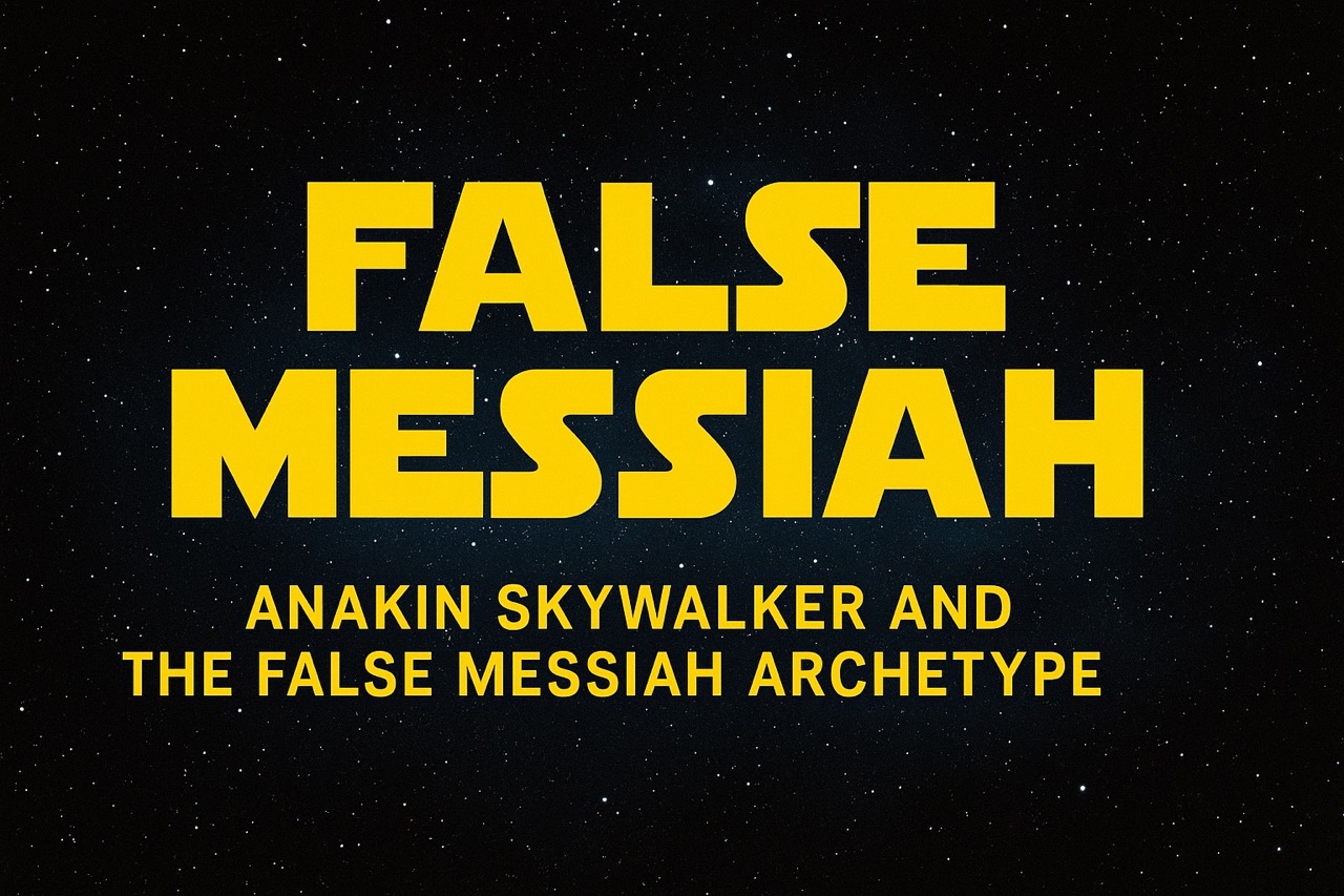 Bold yellow Star Wars-style text reading “Anakin Skywalker – False Messiah Archetype” set against a cosmic starfield background.