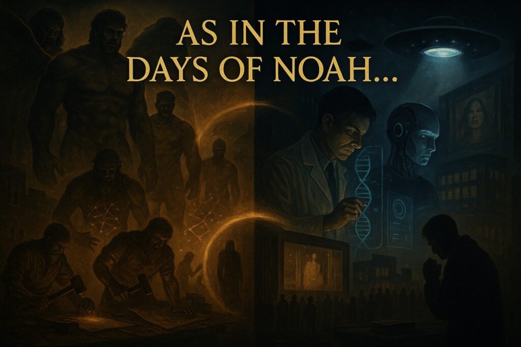 Split image showing Nephilim and fallen angels on the left, and modern technology, DNA editing, AI, and UAPs on the right, connected by a glowing portal.