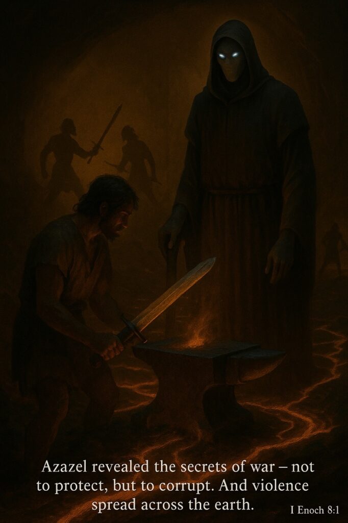 Azazel reveals forbidden knowledge to mankind, teaching how to forge weapons as shown in 1 Enoch 8:1 — the corruption before the flood.