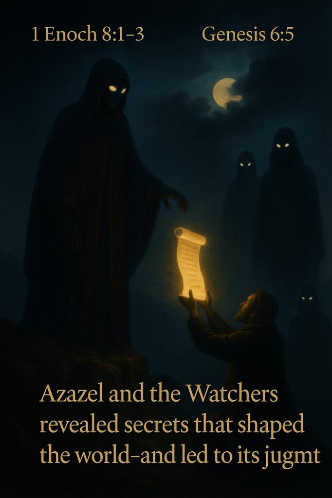 Azazel and the Watchers give a glowing scroll to man — a visual for 1 Enoch 8:1–3 and Genesis 6:5 about forbidden knowledge.