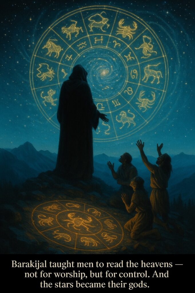 Barakijal teaches early mankind astrology and constellation patterns, distorting the heavens as shown in 1 Enoch 8:3.
