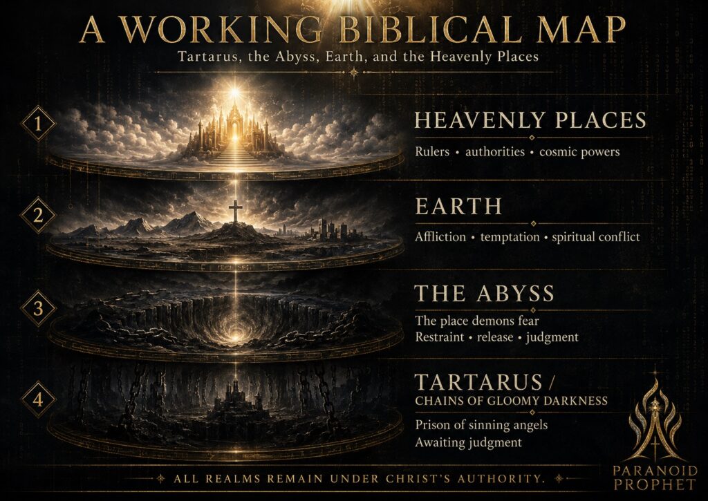 Biblical status map distinguishing earth, the heavenly places, the Abyss, and Tartarus or gloomy restraint under the authority of Jesus Christ