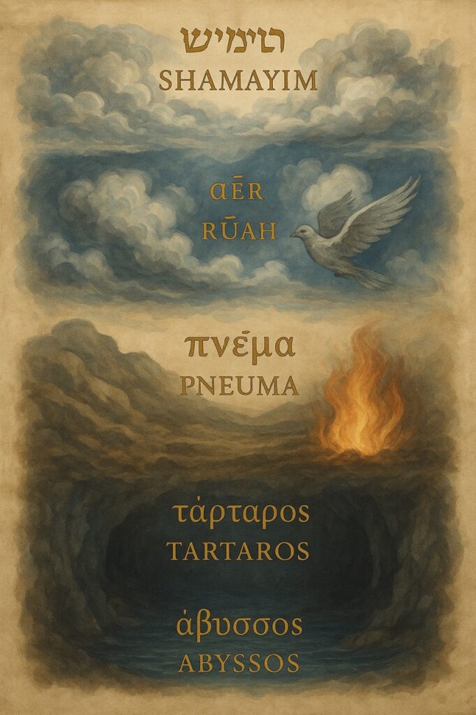“Layered illustration showing ancient biblical words — shamayim, aēr, ruach, pneuma, tartarus, and abyssos — labeled in gold font across the realms of heaven, air, spirit, and the deep, visualizing unseen spiritual geography from scripture.”