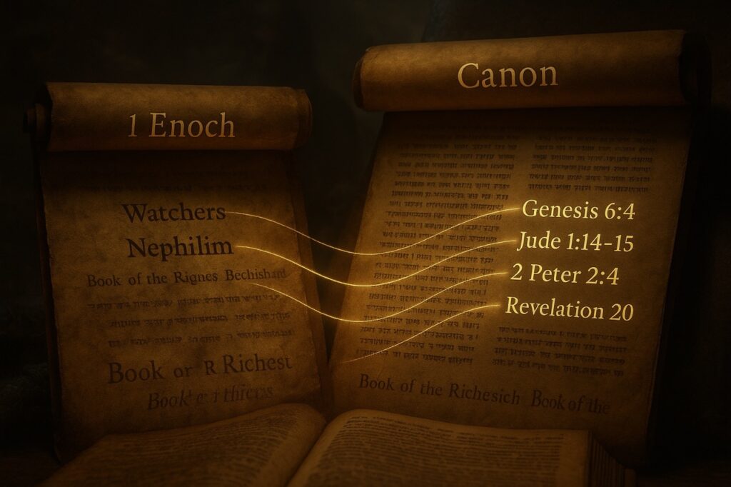 Two ancient scrolls labeled “1 Enoch” and “Canon” with glowing golden threads connecting phrases and Bible verses like Genesis 6:4 and Jude 1:14–15.