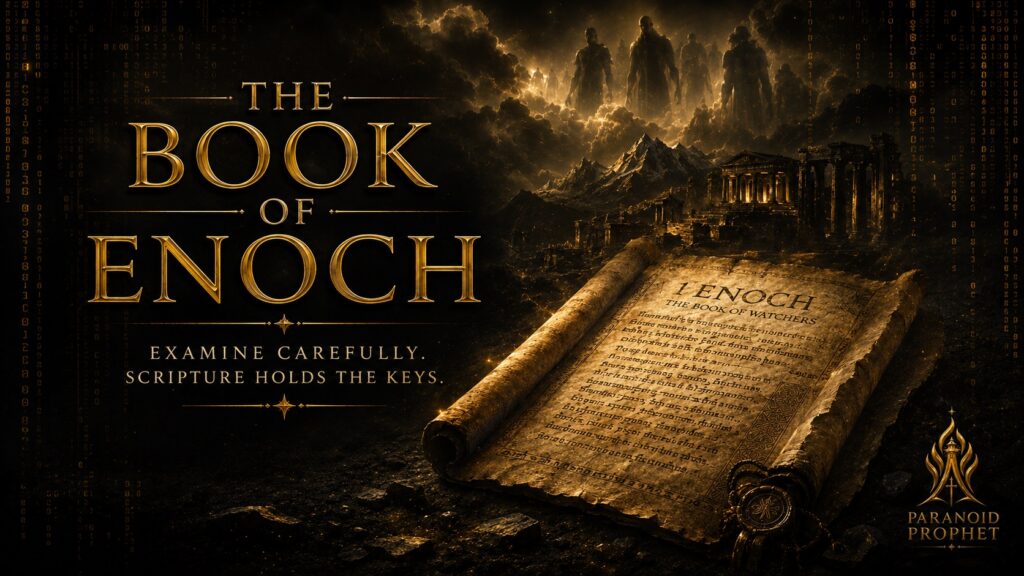 Featured image for Book of Enoch Explained showing an ancient scroll, Watcher figures in the clouds, dark mountains, ruins, and gold text reading The Book of Enoch and Examine Carefully. Scripture Holds the Keys.