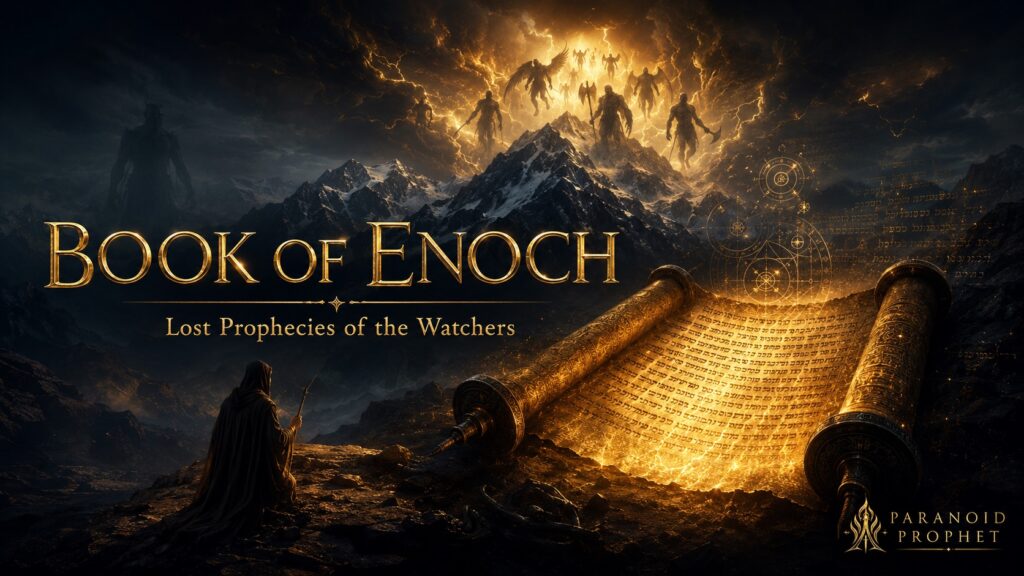 Ancient glowing Book of Enoch scroll on Mount Hermon with Watchers descending from storm clouds, symbolizing lost prophecies of the Watchers.