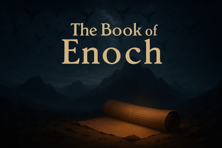 Ancient scroll glowing on rocky ground beneath descending angelic figures and Mount Hermon in the distance, representing the Book of Enoch.