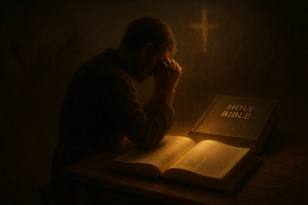 Man in prayer before an open Bible, with a closed Book of Enoch beside him and a glowing cross in the background.