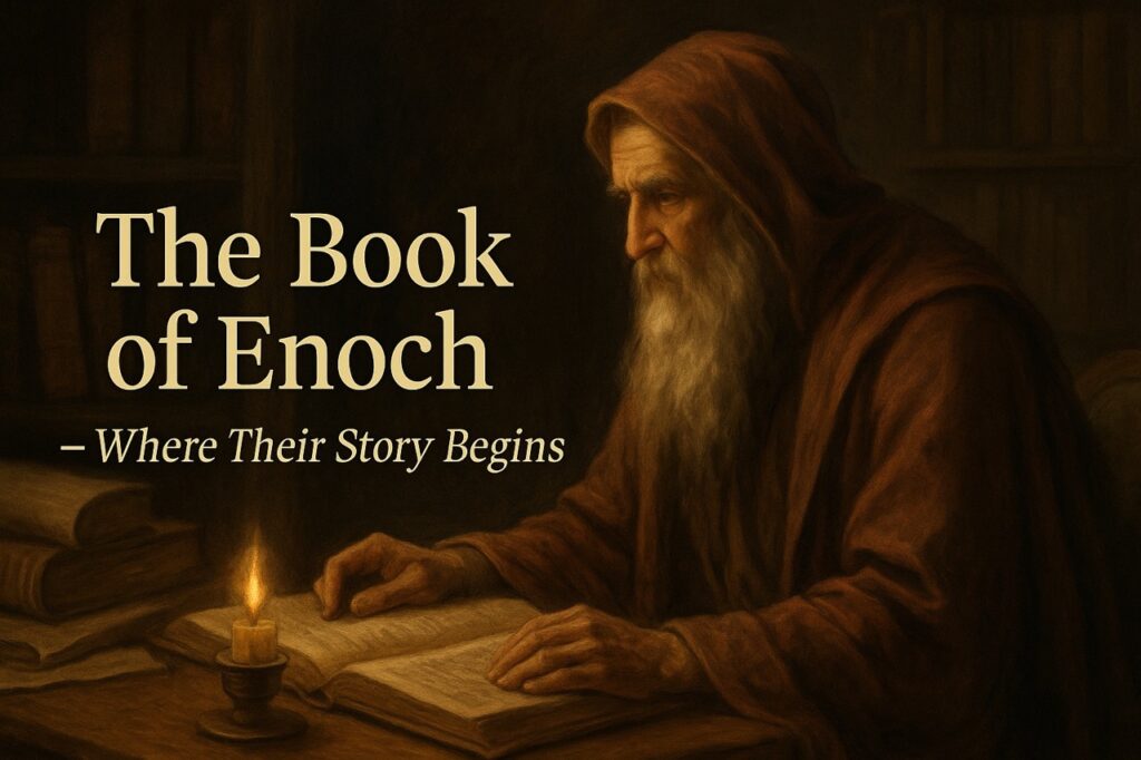 Traditional-style painting of the Book of Enoch being written or revealed, with angelic figures descending toward earth. Symbolizes the origin of the Watchers fallen angels narrative.