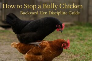 “A black hen aggressively pecking a brown chicken’s back in a backyard setting — illustrating chicken bullying behavior.”