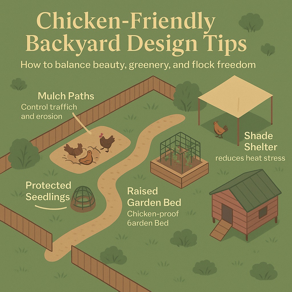 “Infographic showing a backyard layout designed for chickens, with labeled zones for mulch paths, dust bath, protected seedlings, raised garden bed, and shade shelter.”