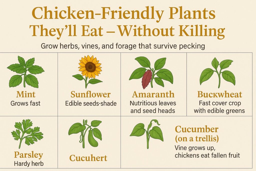 “Infographic showing six chicken-safe plants that are edible and resilient: mint, sunflower, amaranth, buckwheat, parsley, and cucumber, with benefits for each.”