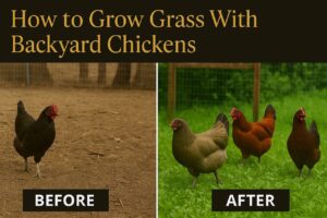 “Split image showing a barren chicken yard before regrowth and a lush, grassy yard after replanting, with chickens in both settings.”