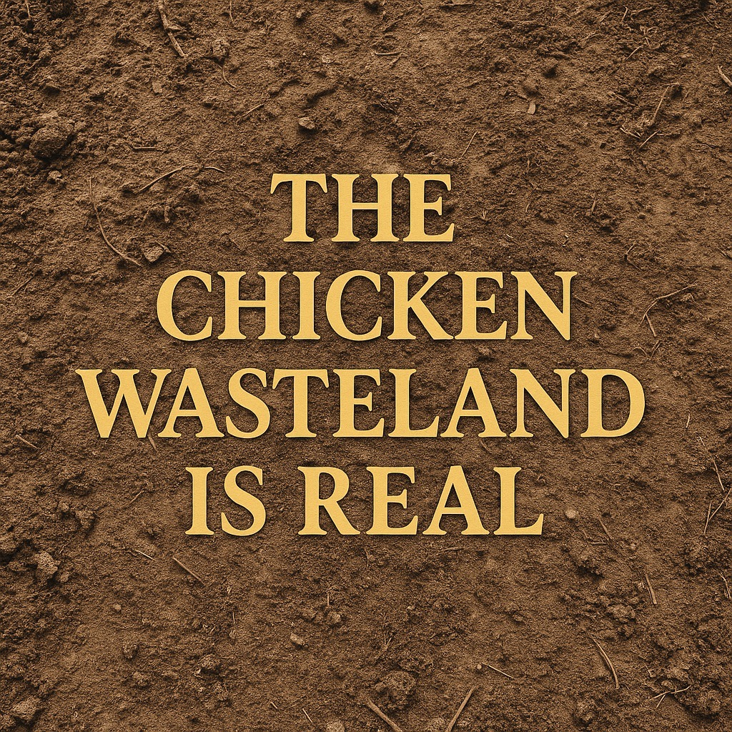 “Text reading ‘The Chicken Wasteland Is Real’ over a dry, barren patch of scratched dirt, symbolizing chicken-damaged backyard soil.”