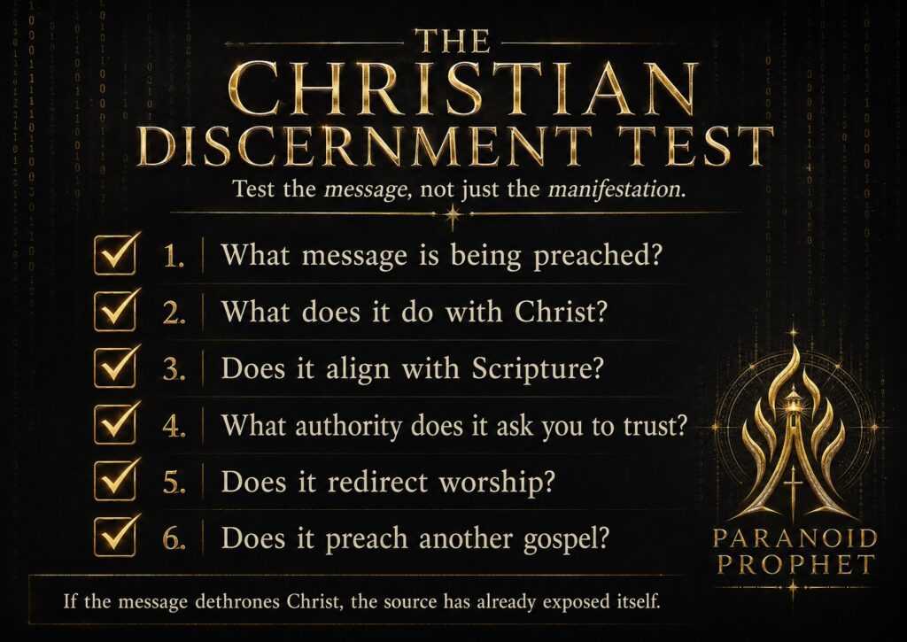 Christian discernment checklist testing a spiritual claim by its message, confession of Christ, agreement with Scripture, authority, worship, fruit, and gospel